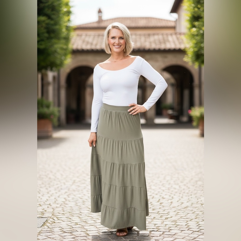 NEW•❗️1 LEFT❗️XL•Zen Lily All Around Skirt- Olive Boho Chic Tiered Maxi Skirt